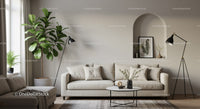 Cozy living room with neutral sofa and greenery accents