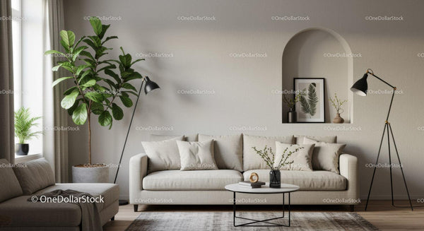 Cozy living room with neutral sofa and greenery accents