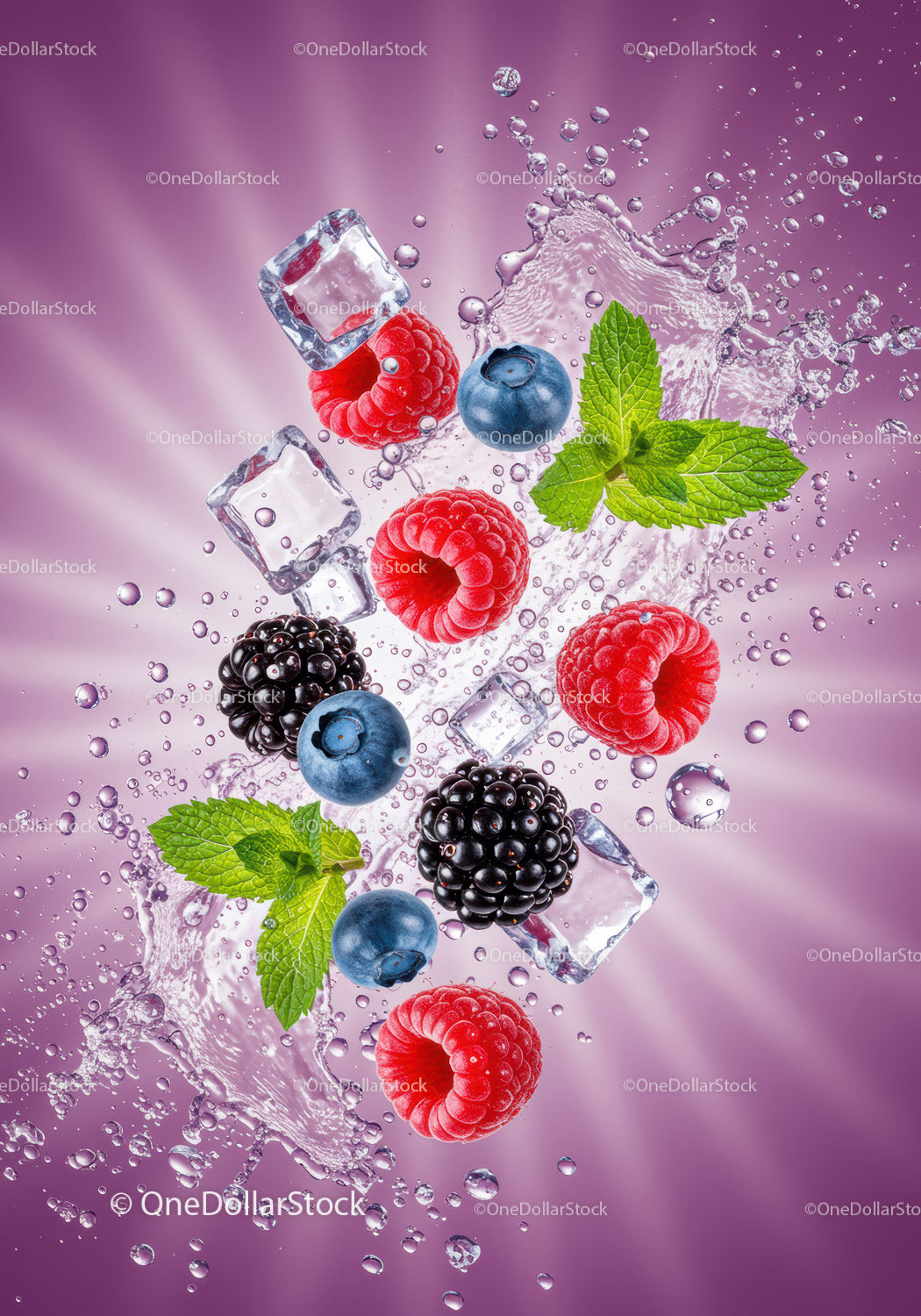 Fresh Berries and Mint Splash with Ice Cubes