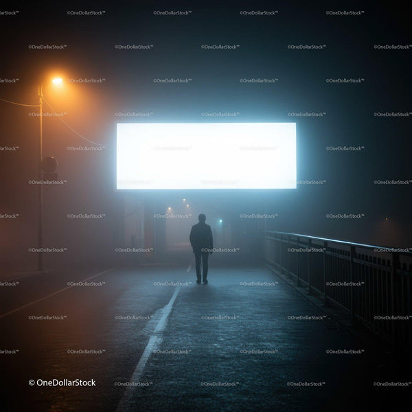 Solitary figure walking under bright billboard at night JPG Mockup Image