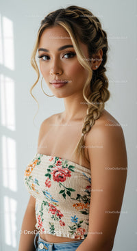 Stylish Woman with Braided Hair Wearing Floral Crop Top Portrait