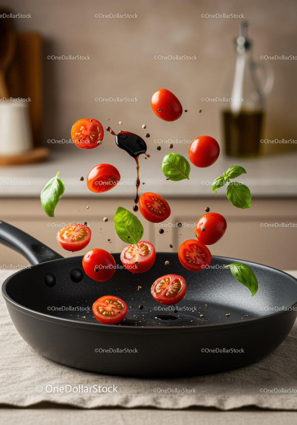 Fresh cherry tomatoes and basil leaves tossed in skillet