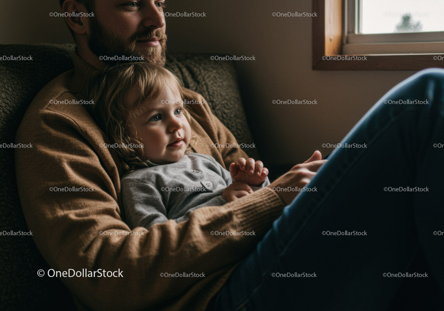 Father and Daughter Relaxing Together on Sofa with Natural Light