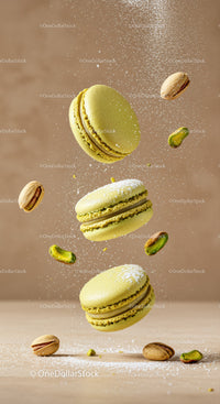 Delicate pistachio macarons with powdered sugar dust