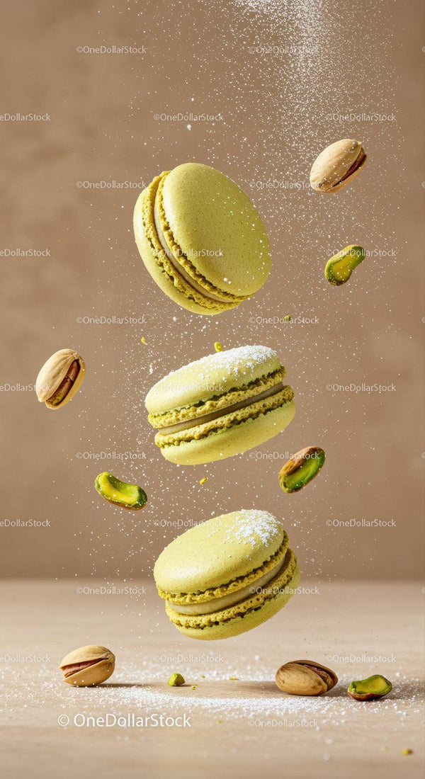 Delicate pistachio macarons with powdered sugar dust