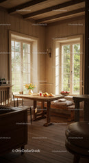 Cozy wooden kitchen with sunlight streaming through windows