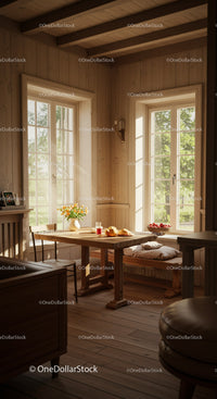 Cozy wooden kitchen with sunlight streaming through windows