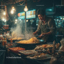 Street food vendor cooking stir-fry noodles at night market