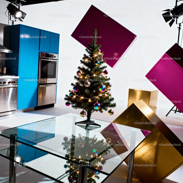 Modern kitchen with decorated Christmas tree and colorful decor
