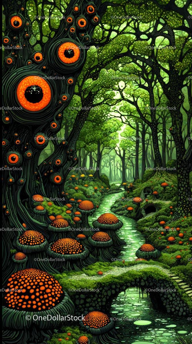 Tętniący życiem las fantasy ze świecącymi grzybami i bujną zielenią