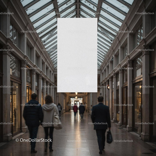 People walking in spacious covered shopping arcade JPG Mockup Image
