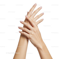 Elegant Woman Hands with French Manicure on White Background