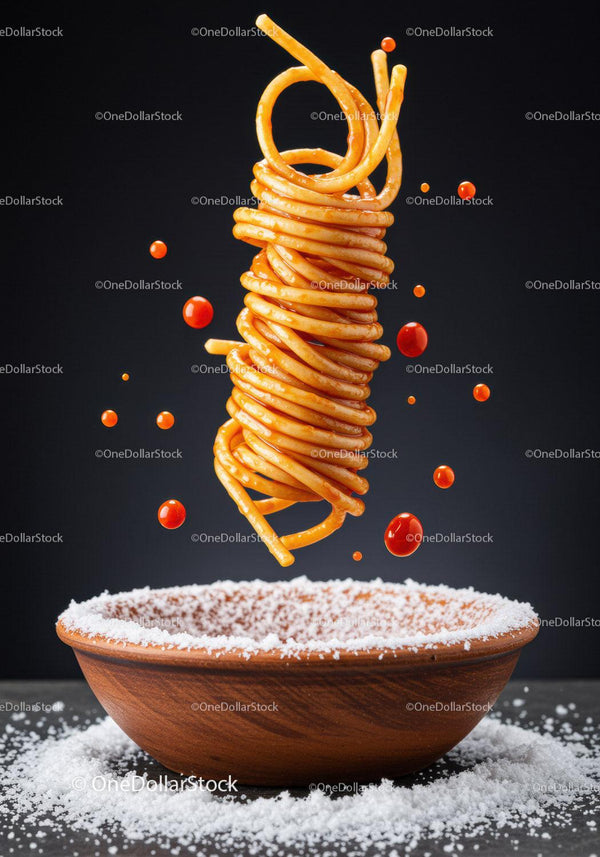 Spirala spaghetti z kropelkami sosu nad drewnianą miską