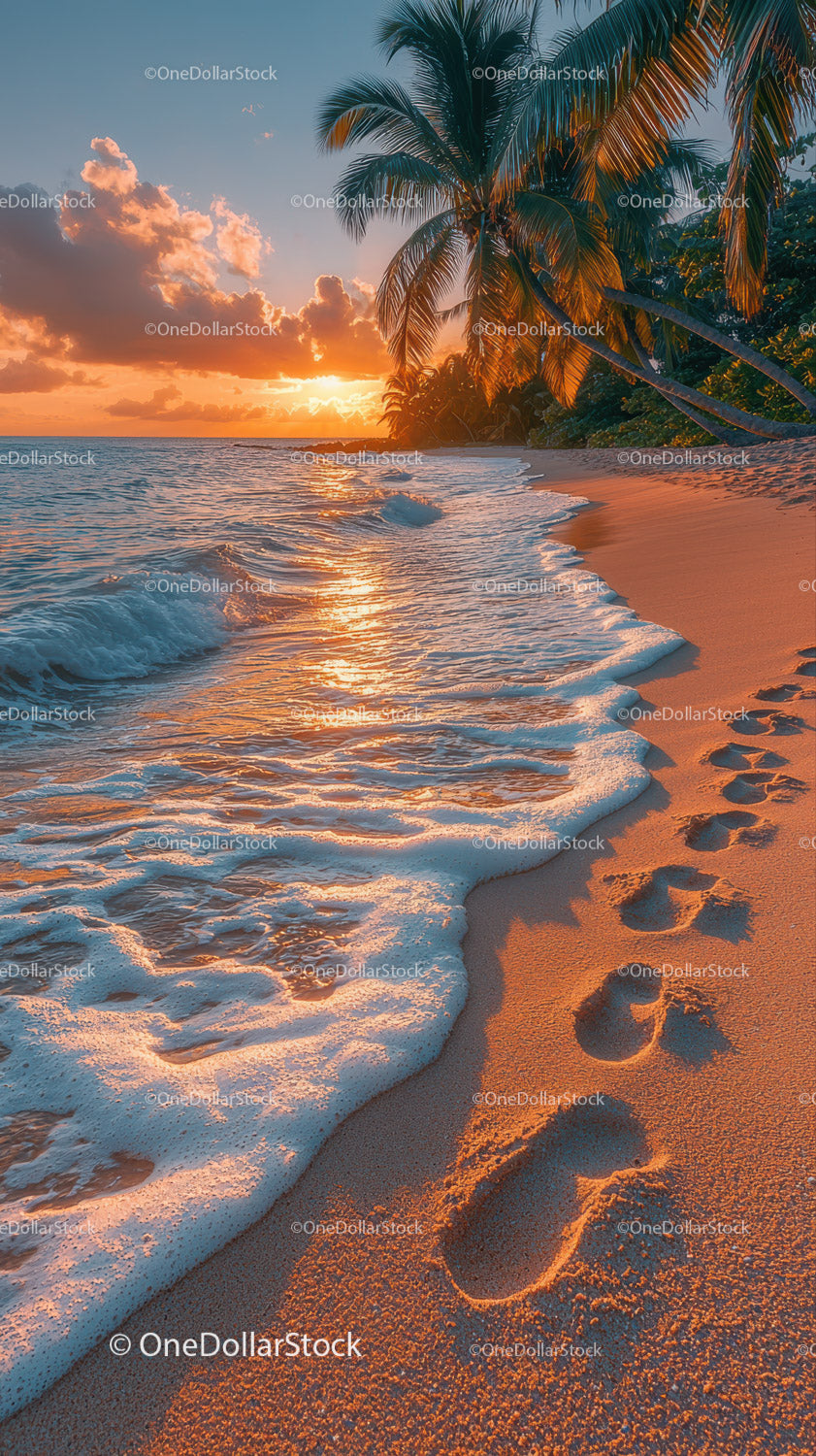 Sunset Over Tropical Beach with Palm Trees and Clear Ocean Water