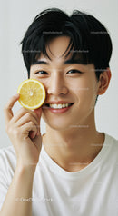 Smiling Young Man with Lemon Slice in Bright Casual Setting