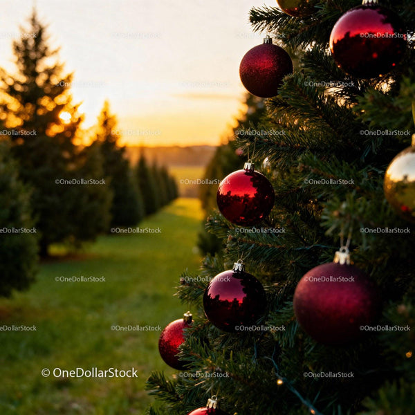 Christmas tree with red ornaments in sunset farm field