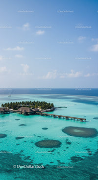 Beautiful Overwater Bungalows and Pier Amid Turquoise Ocean and Clear Sky