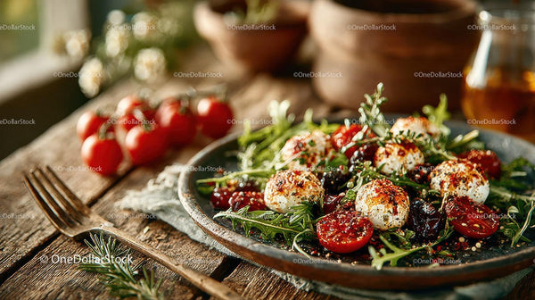Świeża sałatka z pomidorkami cherry i mozzarellą z ziołami na rustykalnym drewnianym stole