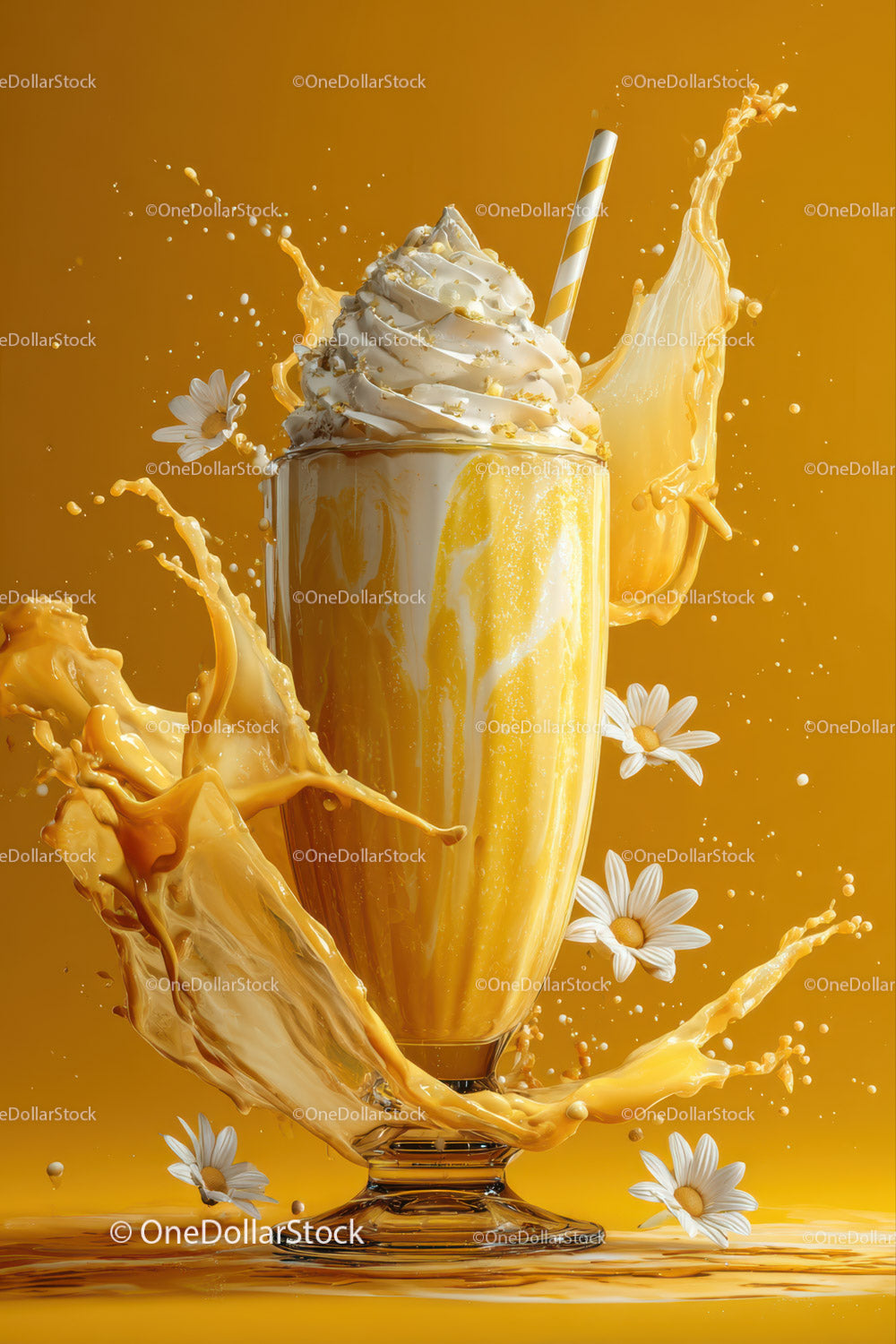 Lemon Milkshake with Whipped Cream and Daisy Flowers on Bright Yellow