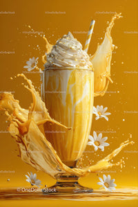 Lemon Milkshake with Whipped Cream and Daisy Flowers on Bright Yellow
