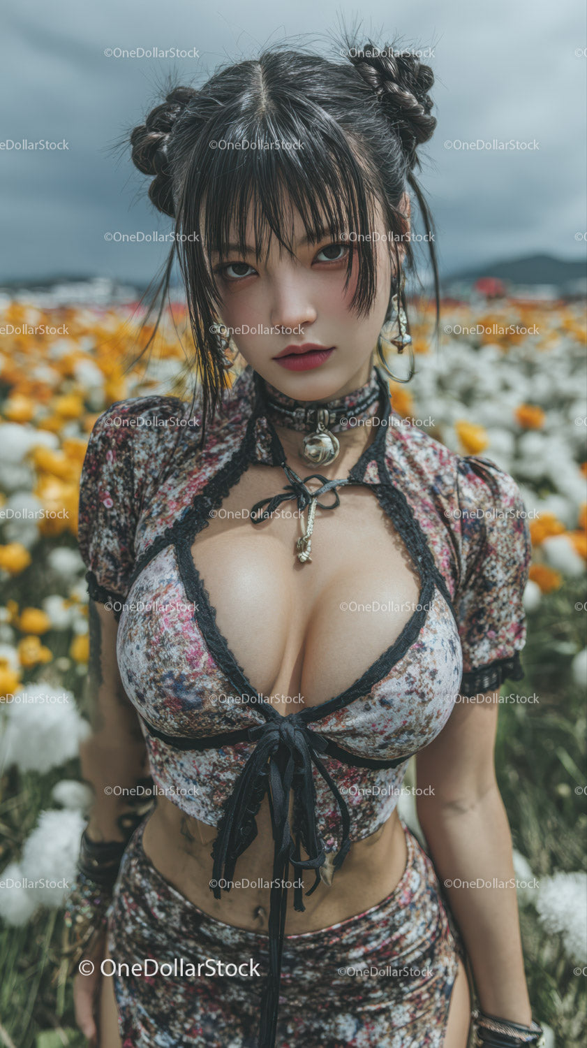 Young Woman in Floral Dress with Bold Makeup in Blooming Flower Field