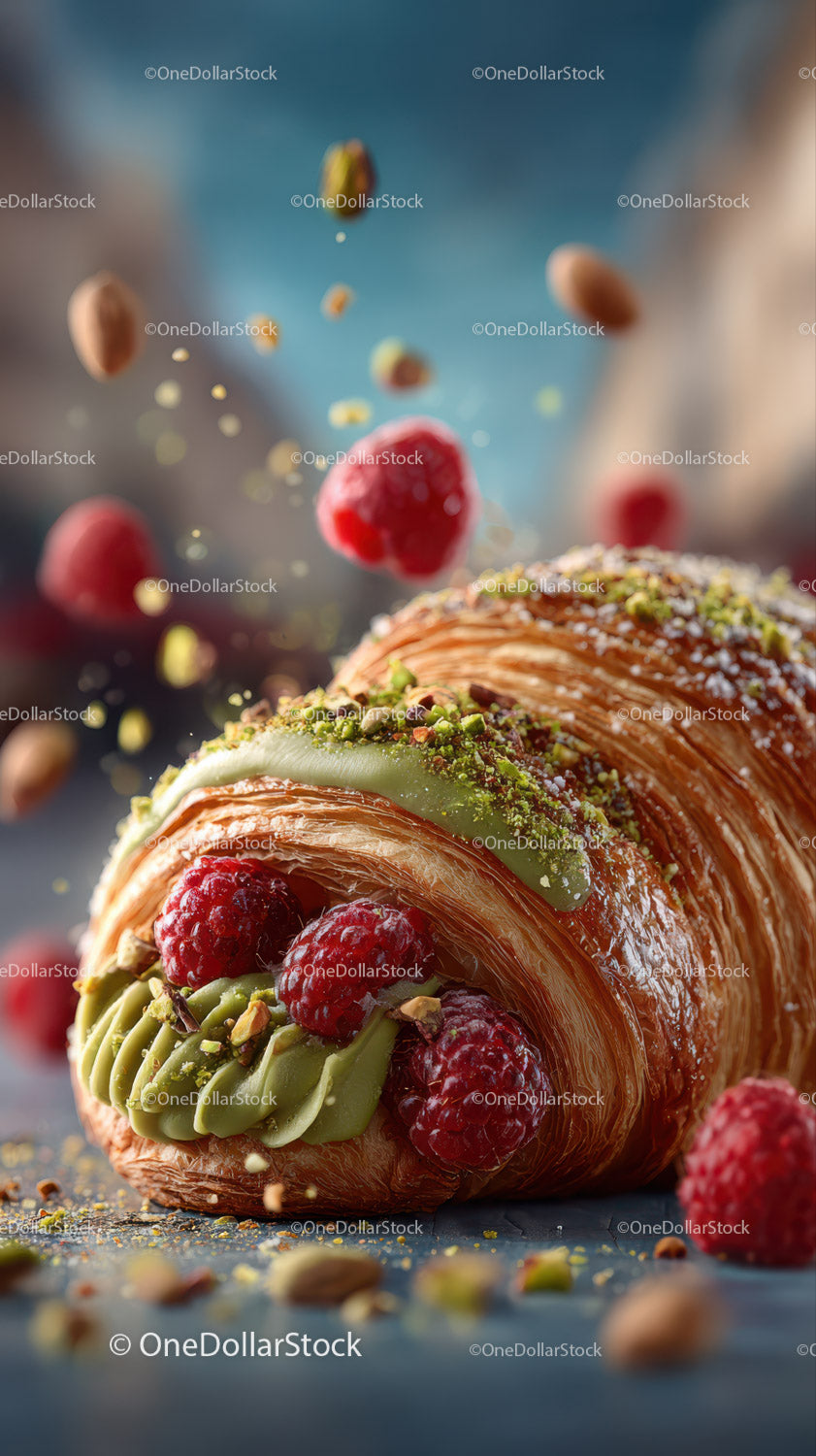 Dekoracyjny croissant z malinami i pistacjami z polewą z zielonej herbaty