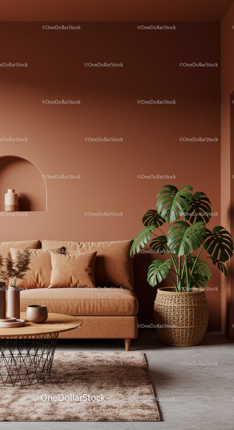Stylowy, nowoczesny salon z beżową sofą i rośliną Monstera