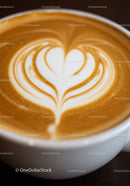 Heart shaped latte art in white cup of coffee