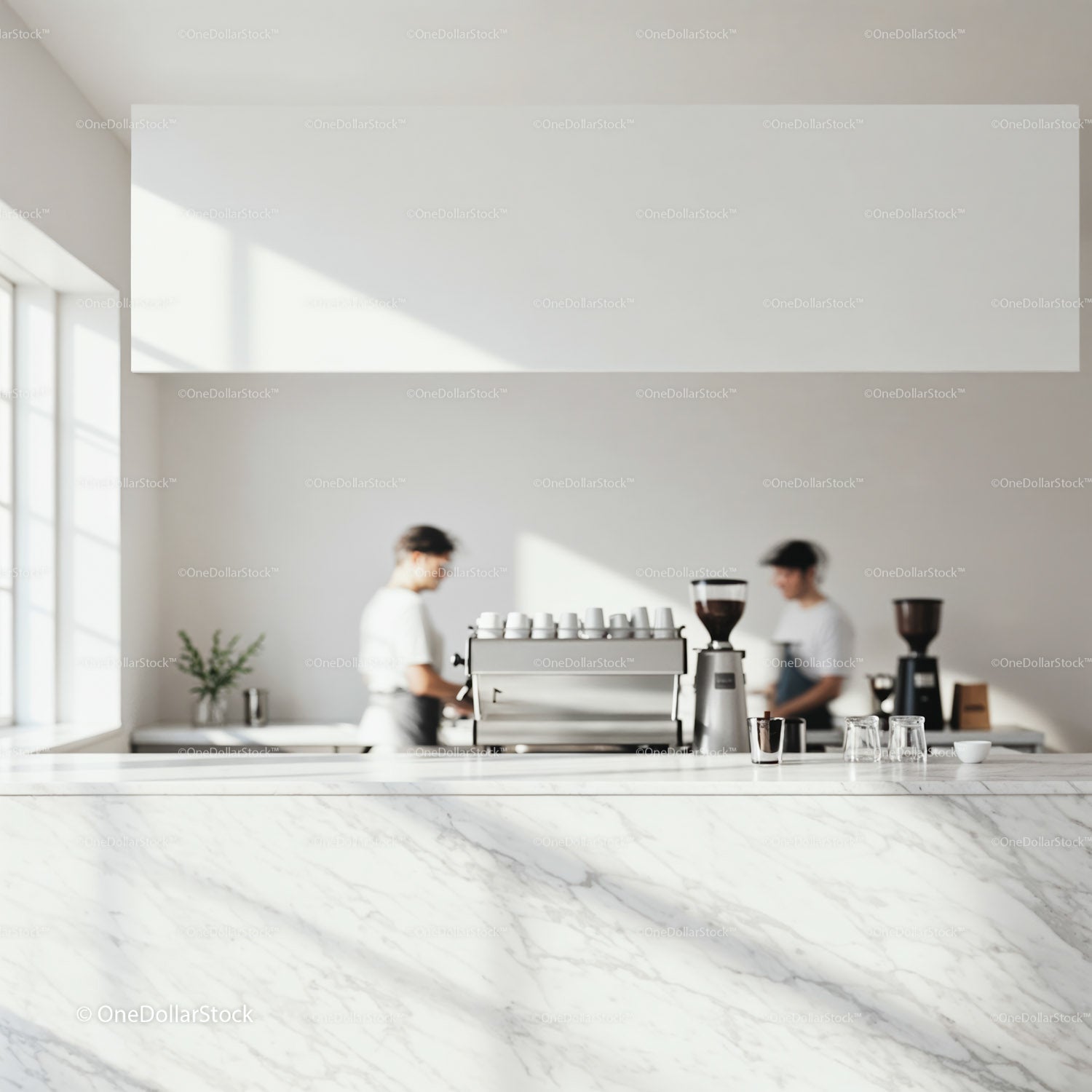 Minimalist coffee shop baristas preparing espresso drinks
