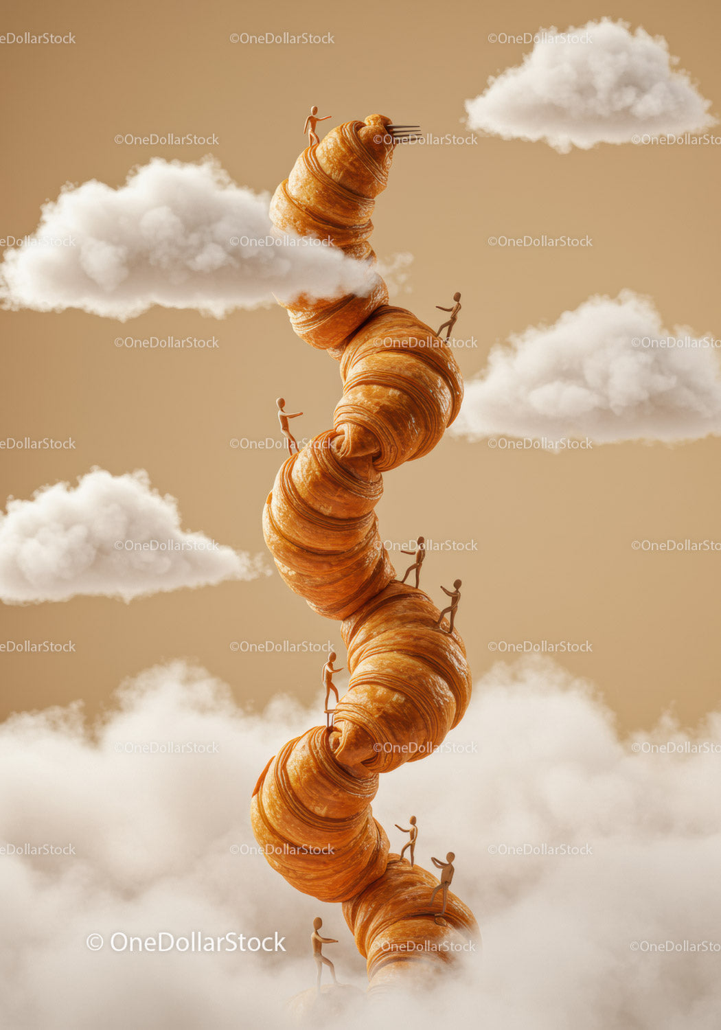 Tiny Figures Climbing Tower of Croissants in Clouds