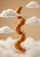 Tiny Figures Climbing Tower of Croissants in Clouds