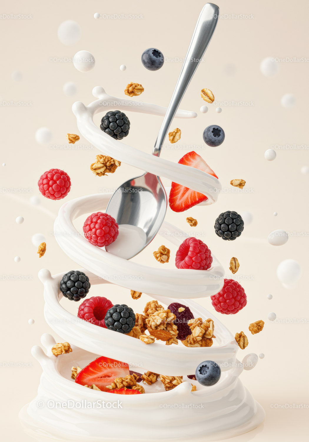 Fresh berries and granola swirling with creamy yogurt and spoon