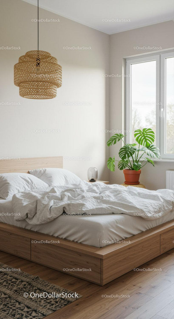 Minimalist bedroom with natural light and green plant