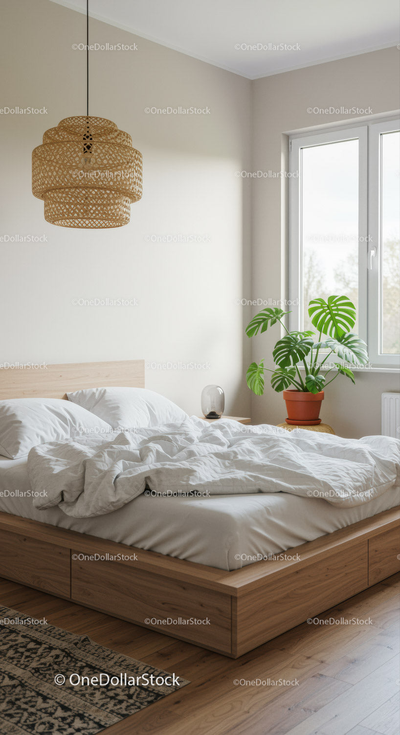 Minimalistyczna sypialnia z naturalnym światłem i zielonymi roślinami