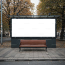 Empty urban bench with blank billboard in autumn city park