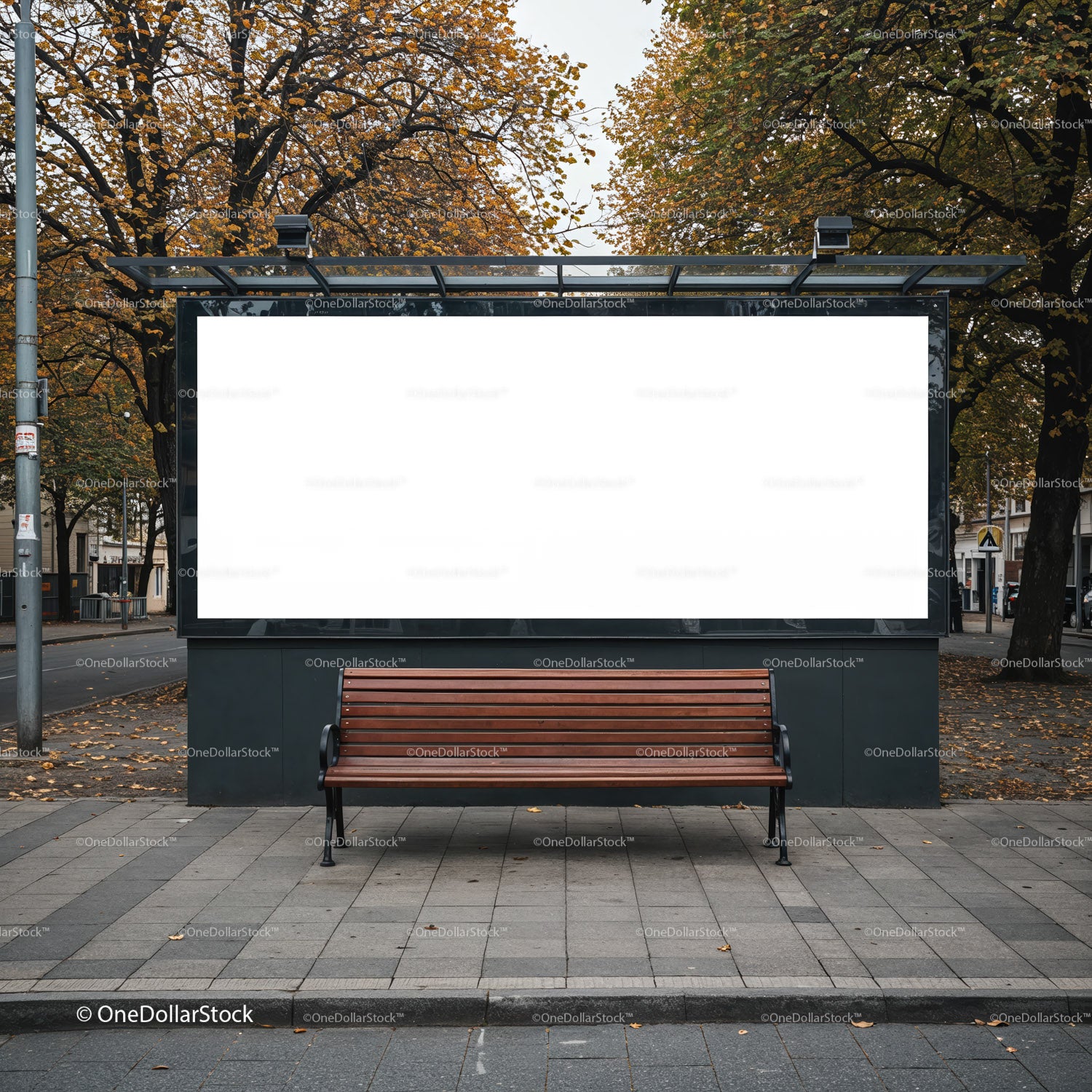 Pusta ławka miejska z pustym billboardem w jesiennym parku miejskim