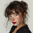 Freckled Woman with Brown Curly Hair and Red Lipstick Portrait