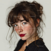 Freckled Woman with Brown Curly Hair and Red Lipstick Portrait