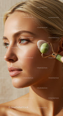 Close up of woman with clear skin using jade roller on face