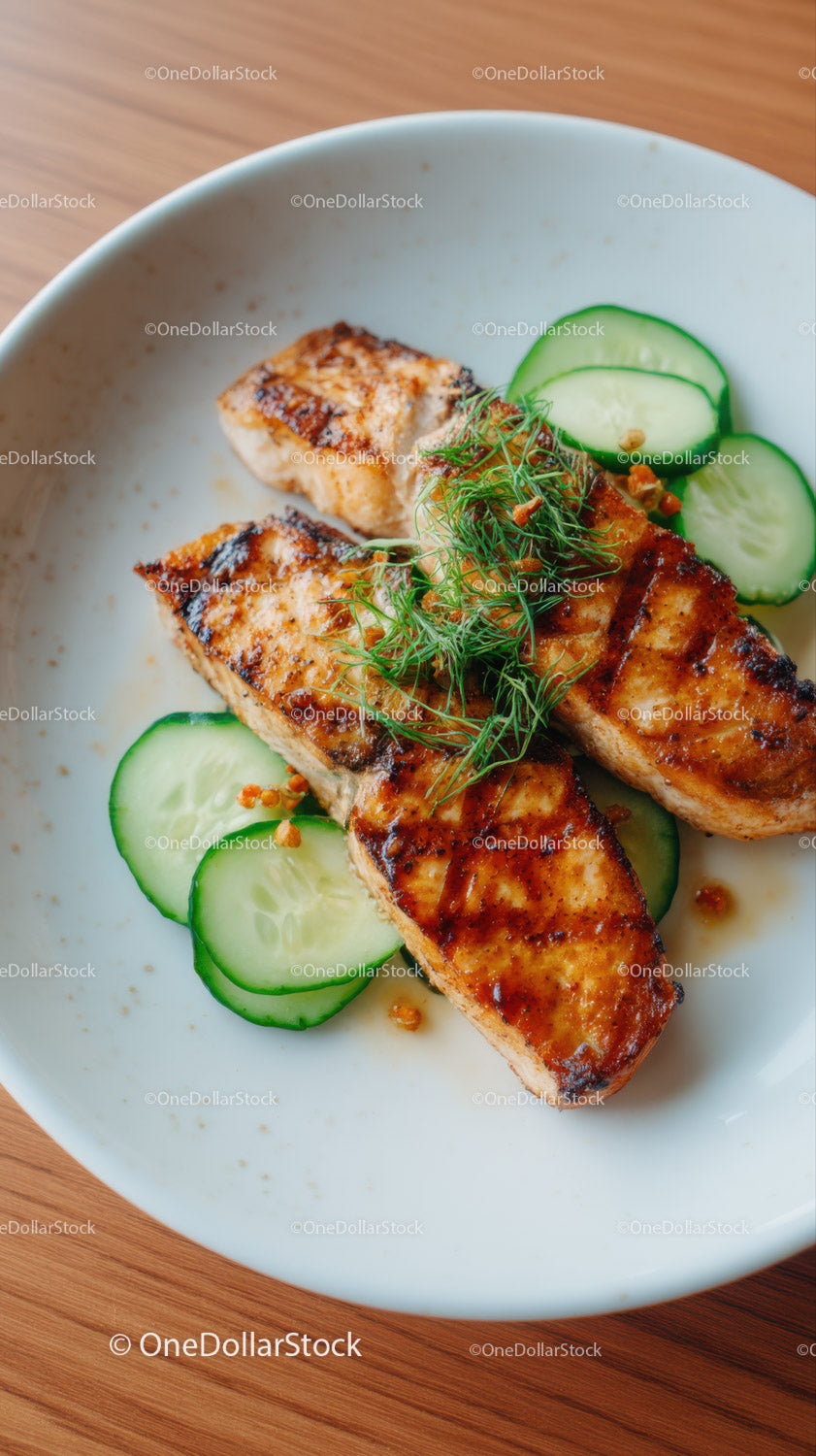 Grilled Salmon with Cucumber Garnish in White Ceramic Bowl