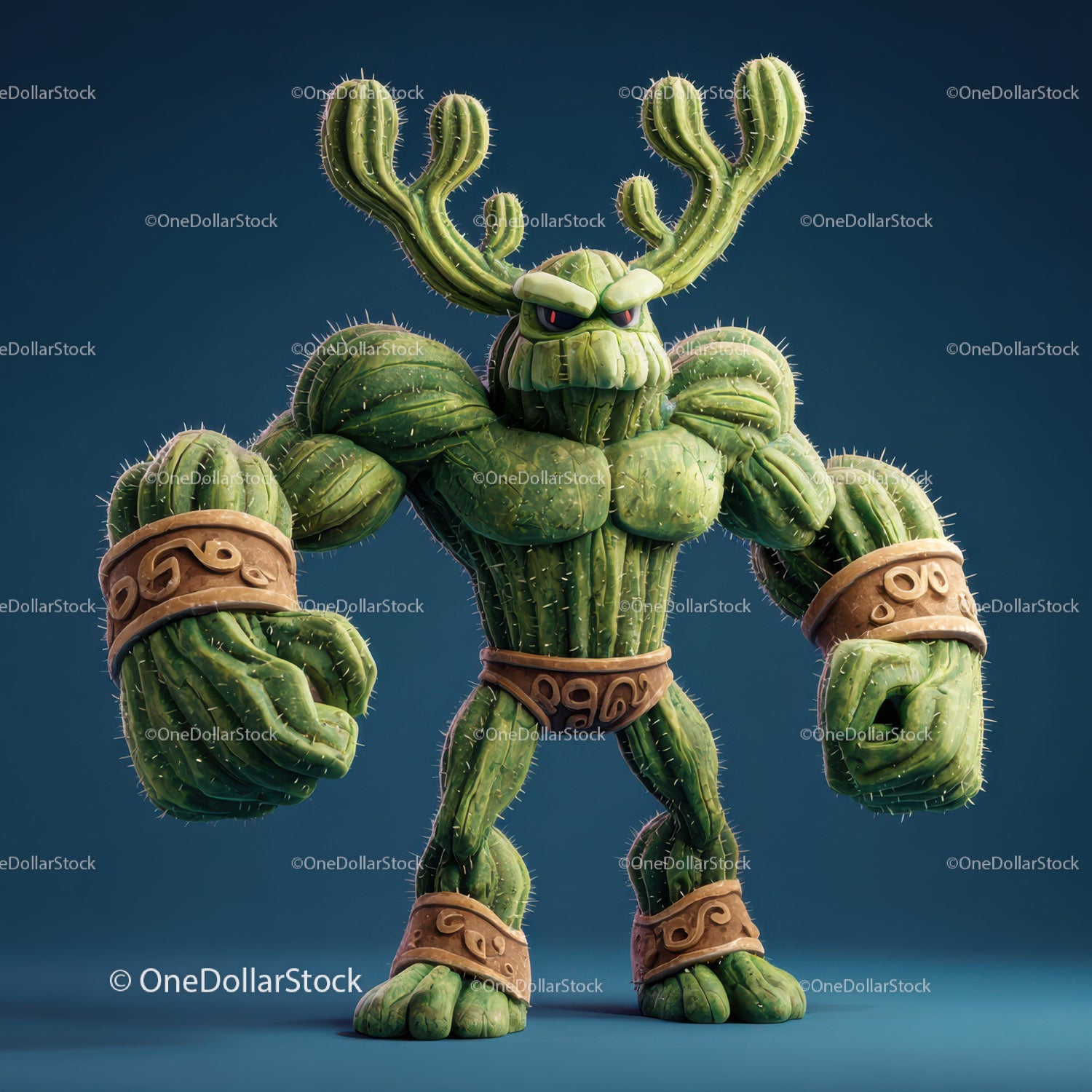 Vibrant Green Anthropomorphic Cactus Character with Muscular Build