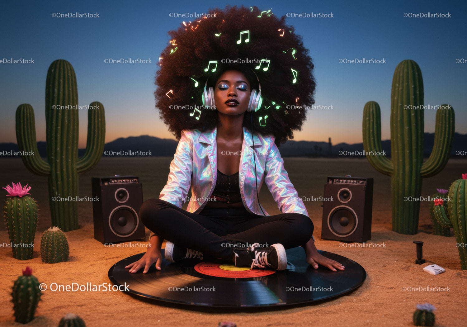 Kobieta w słuchawkach afro słuchająca muzyki na pustyni