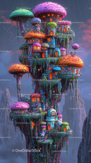 Enchanted Colorful Mushroom Village Surreal Fairy Tale Landscape