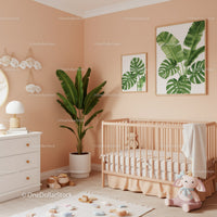 Modern Nursery Room Decor with Large Green Tropical Plant and Wall Art