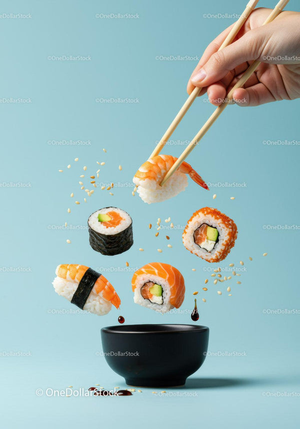 Assorted sushi pieces with soy sauce over blue background