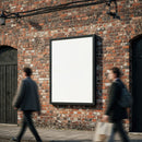 Blank urban billboard on rustic brick wall with people walking