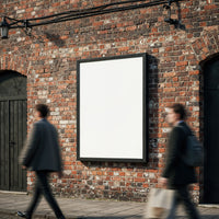 Blank urban billboard on rustic brick wall with people walking