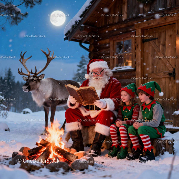 Santa Claus reading by campfire with children and reindeer