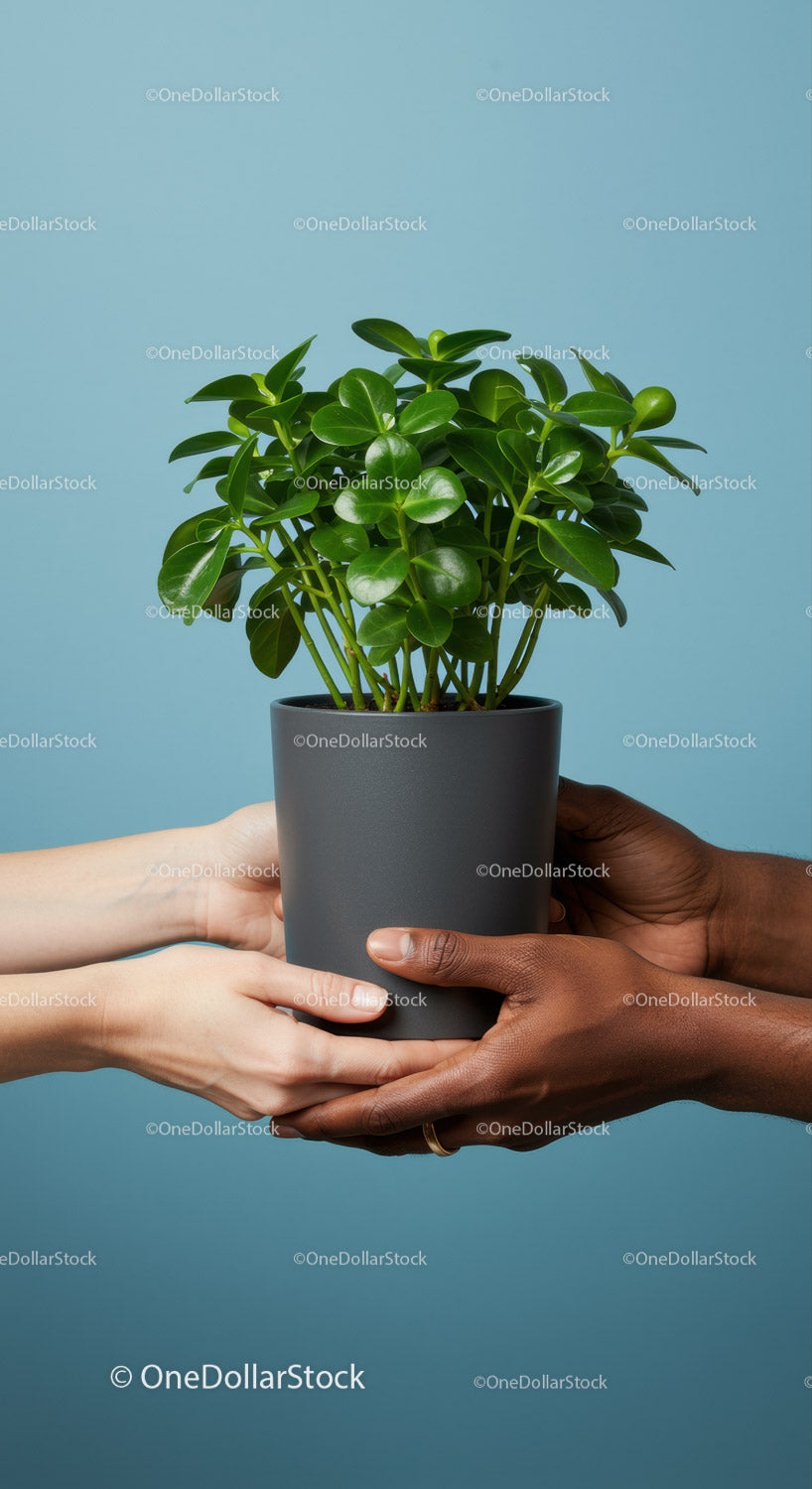 Two pairs of hands holding green potted plant together