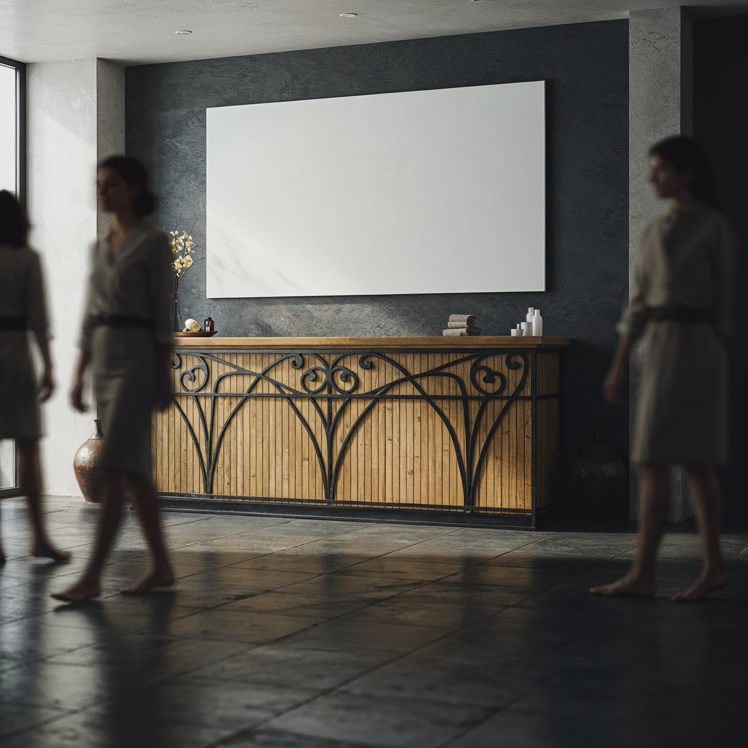Modern interior with decorative wooden counter and framed wall
